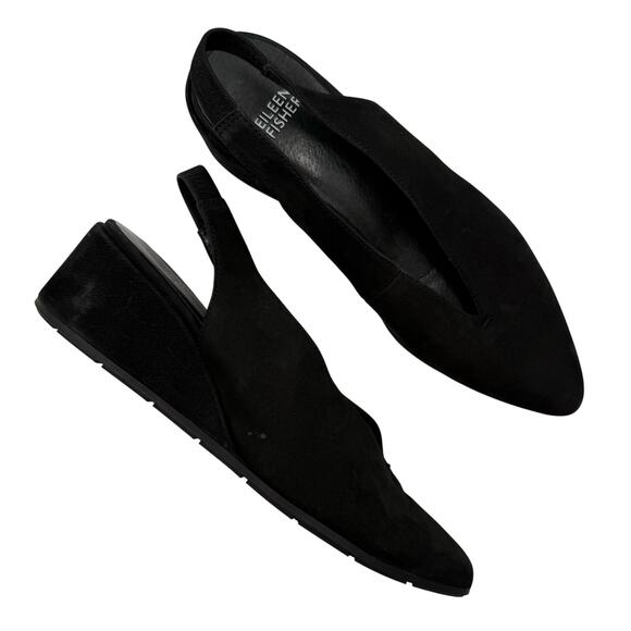 Eileen Fisher Shoes Size 8.5 Devi Slingback Black Leather Nubuck Wedge Slip On - Picture 1 of 12